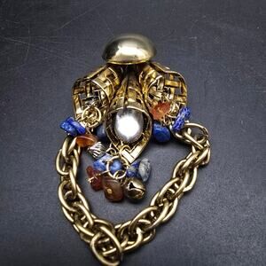 Vintage Chained Dangle Brooch Blue Beaded Costume Jewelry